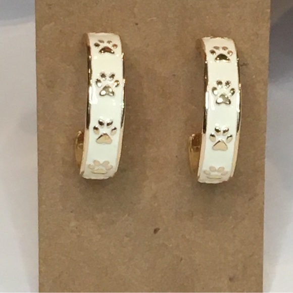 Cream Enameled & Paw Print Hoop Earrings - Picture 1 of 6